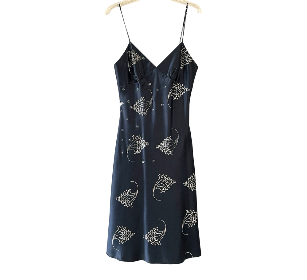 LAUNDRY by SHELLI SEGAL Size 4 Black 100% Silk Sequin Beaded Slip Dress Romantic